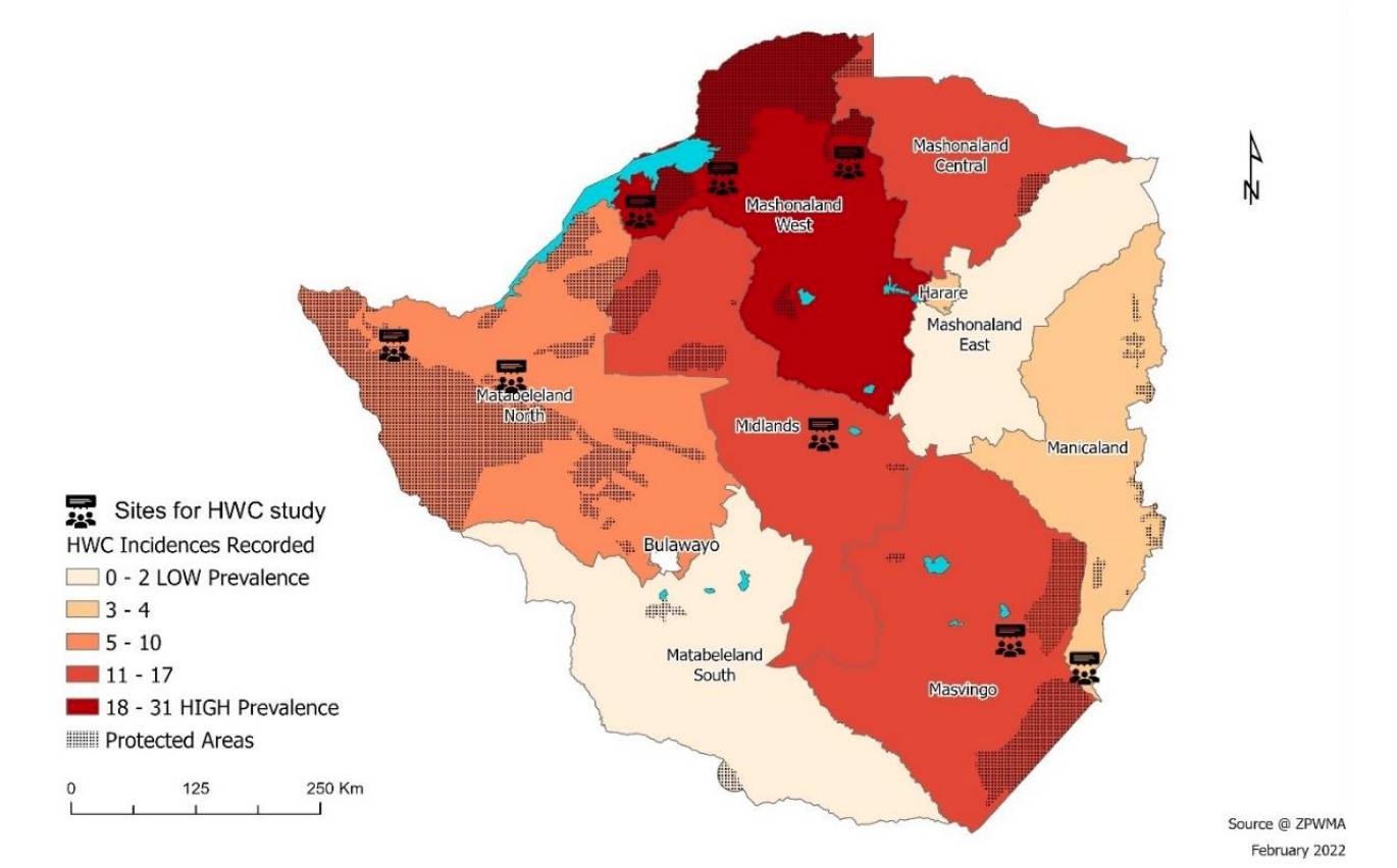 Map of human wildlife conflict zones in Zimbabwe